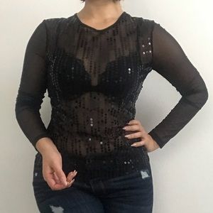 EXPRESS Black Sheer Mesh Sequin Blouse Top Shirt